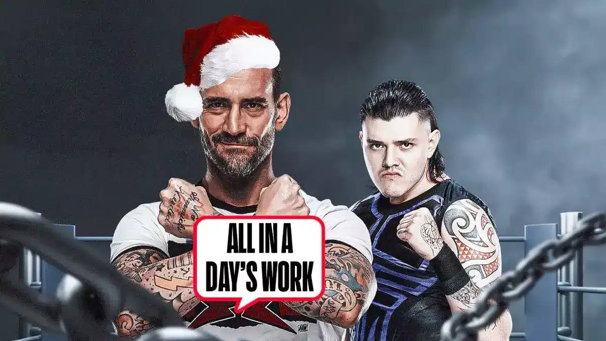 CM Punk wearing a Santa hat with a text bubble reading “All in a day's work” next to Dominik Mysterio in a WWE ring.