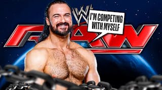 Drew McIntyre with a text bubble reading “I’m competing with myself” with the RAW logo as the background.