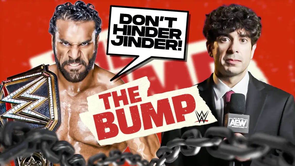 Jinder Mahal with a text bubble reading “Don’t Hinder Jinder!” next to Tony Khan with WWE’s The Bump logo as the background.