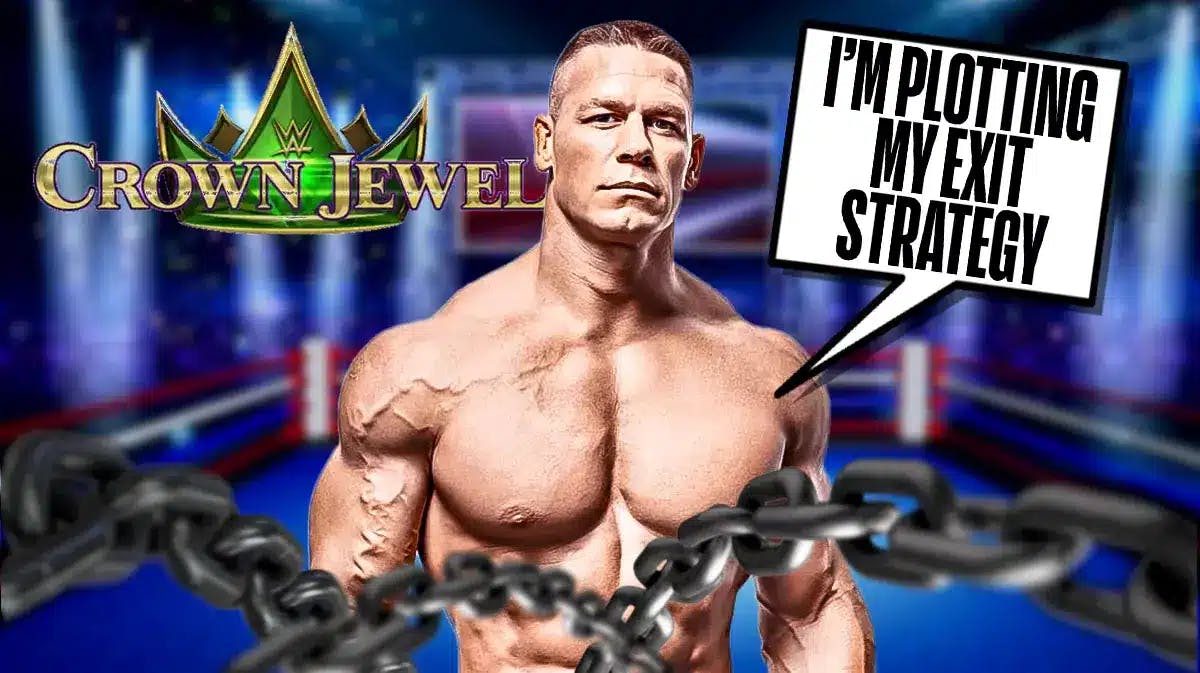 John Cena with a text bubble reading “I’m plotting my exit strategy” with the 2023 WWE Crown Jewel logo as the background.