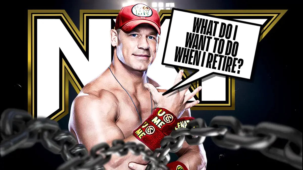 John Cena with a text bubble reading “What do I want to do when I retire?” with the NXT logo as the background.