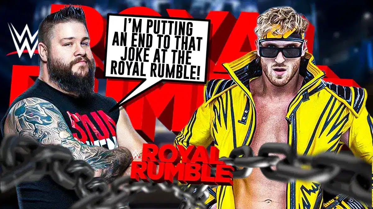 Kevin Owens with a text bubble reading “I’m putting an end to that joke at the Royal Rumble!” next to Logan Paul with the Royal Rumble logo as the background.