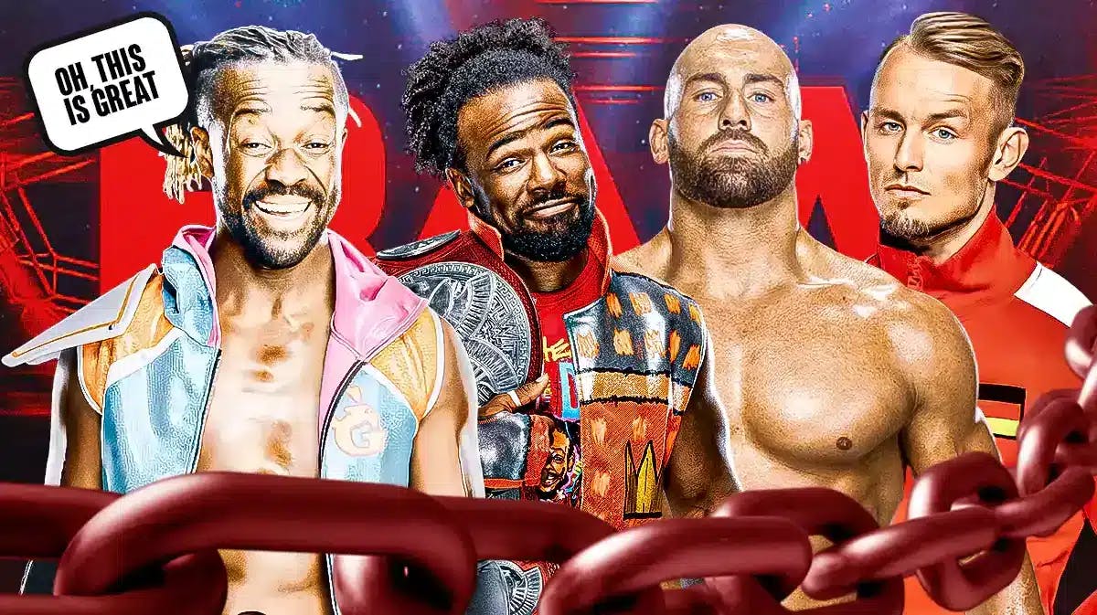 Kofi Kingston with a text bubble reading “Oh, this is great” next to Xavier Woods, Giovanni Vinci, and Ludwig Kaiser with the RAW logo as the background.