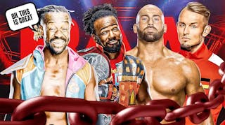 Kofi Kingston with a text bubble reading “Oh, this is great” next to Xavier Woods, Giovanni Vinci, and Ludwig Kaiser with the RAW logo as the background.
