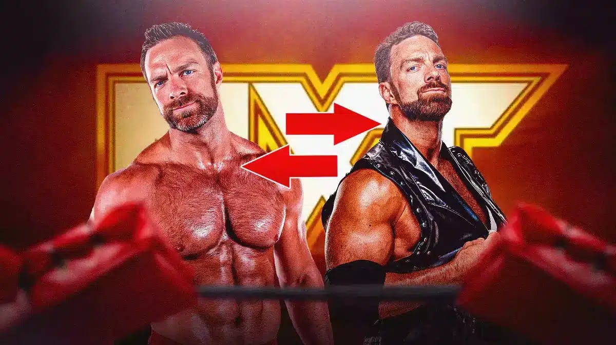 Eli Drake on the left, an arrow pointing left to right in the middle and LA knight on the right with the NXT logo as the background.