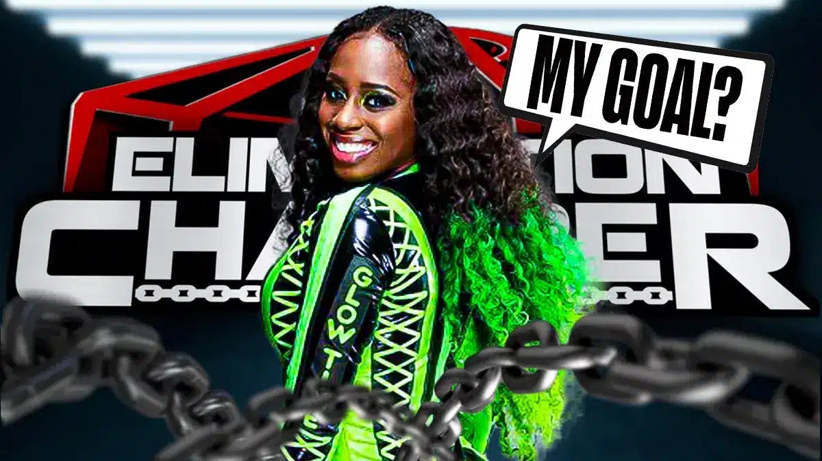 Trinity Fatu with a text bubble reading “My goal?” with the Elimination Chamber logo as the background.