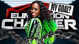 Trinity Fatu with a text bubble reading “My goal?” with the Elimination Chamber logo as the background.