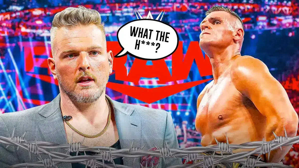 Pat McAfee with a text bubble reading “What the h***?” next to Gunther with the RAW logo as the background.