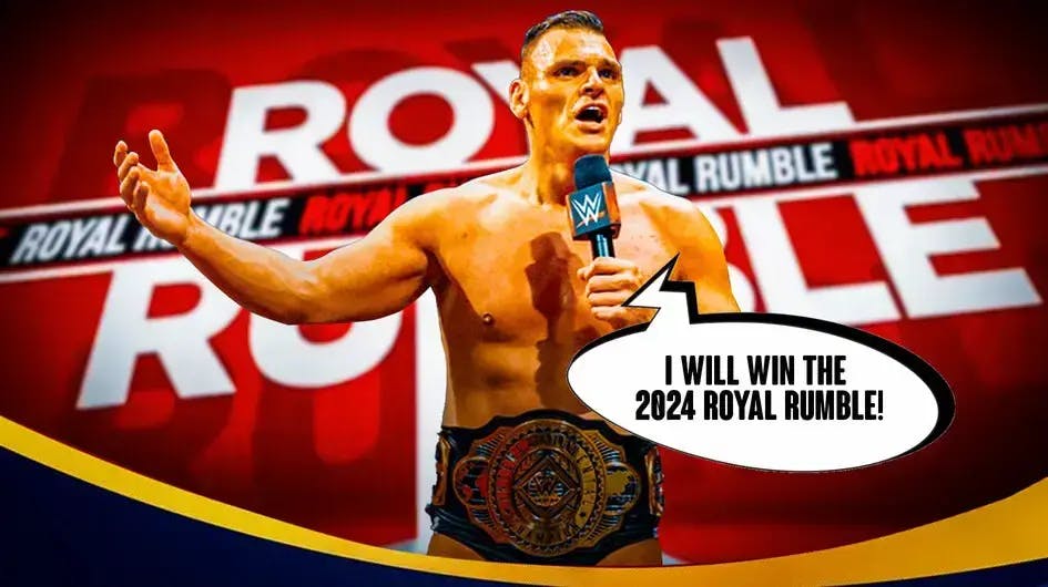 Gunther wearing the Intercontinental Championship with a text bubble reading “I will win the 2024 Royal Rumble!” with the 2024 Royal Rumble logo as the background.
