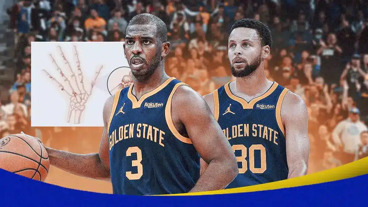 Warriors' Chris Paul and Stephen Curry frustrated, with sad emojis all over, with a diagram of a fractured hand beside Paul