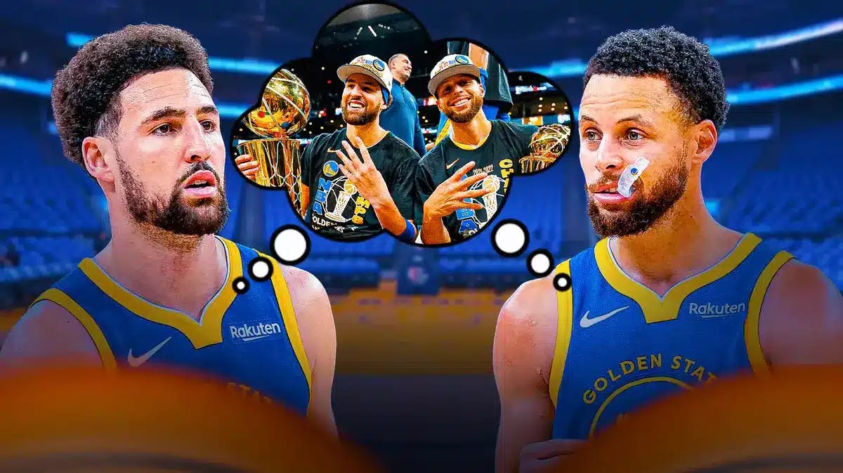 2024 Warriors Klay Thompson and Stephen Curry with a shared thought bubble of them hoisting the 2022 NBA championship trophy
