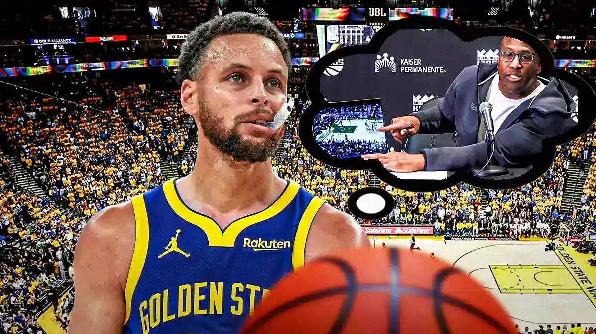 Warriors' Stephen Curry thinking about Kings' Mike Brown pointing to a laptop
