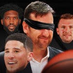Warriors' Andrew Bogut with a blindfold on in the middle, with the heads of Mavericks' Luka Doncic, 76ers' Joel Embiid, Suns' Devin Booker, and Timberwolves' Karl-Anthony Towns revolving around Bogut
