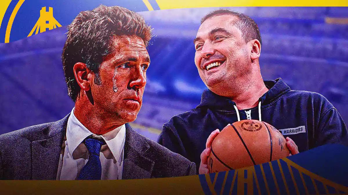 Bob Myers with tears in his eyes alongside Dejan Milojevic with the Warriors arena in the background