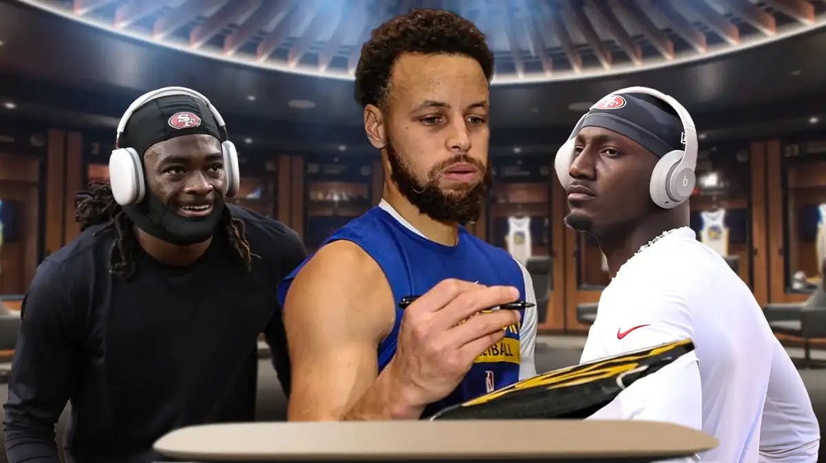 Warriors Steph Curry signing autographs for 49ers players
