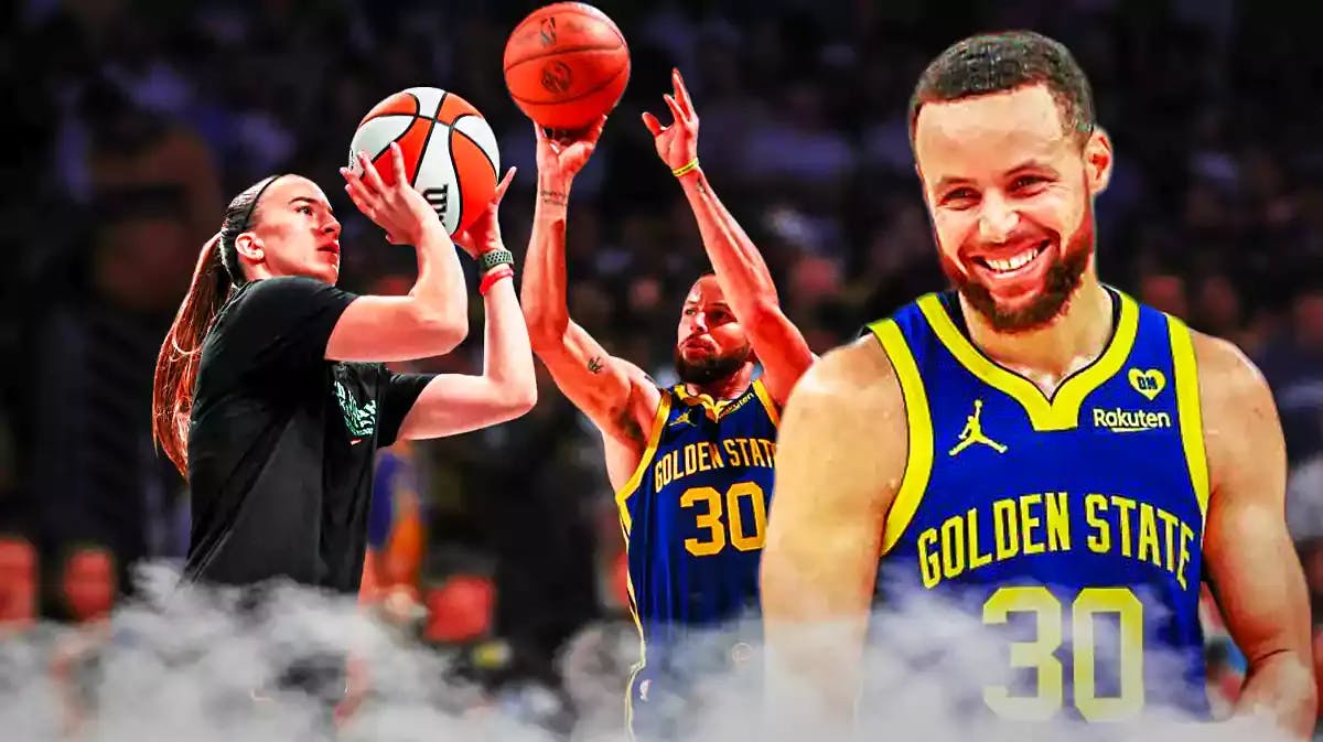 Warriors' Stephen Curry in front smiling. In background, Warriors' Stephen Curry shooting a basketball, Sabrina Ionescu shooting a basketball.