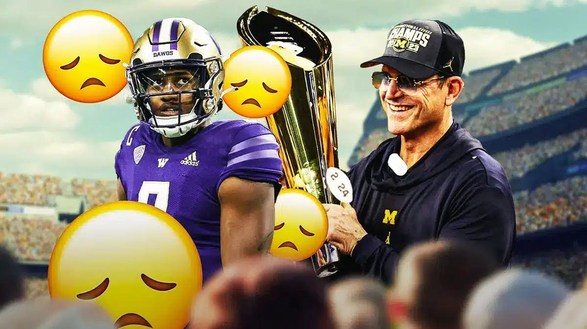 Washington football’s Michael Penix Jr. with sad emojis all over him, with Jim Harbaugh beside him holding the CFP title trophy