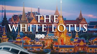 The White Lotus HBO show logo with Thailand background.