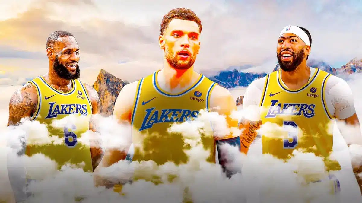 Zach LaVine in a Lakers uni with the heaven effect on him, with LeBron James and Anthony Davis smiling at LaVine