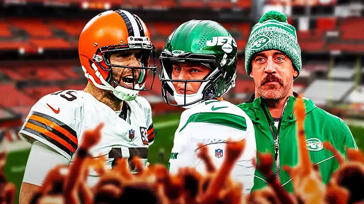 Joe Flacco in Cleveland Browns uniform, Zach Wilson and Aaron Rodgers of the Jets during the 2023 NFL season