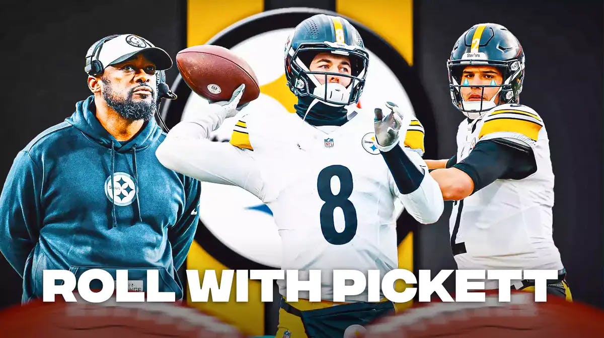 Kenny Pickett in the middle, Coach Mike Tomlin on one side, Mason Rudolph on the other side with a tear emoji 💧, and Pittsburgh Steelers wallpaper in the background.