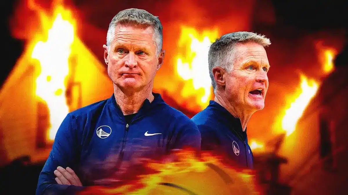 Coach Steve Kerr in the middle and House on fire behind him.