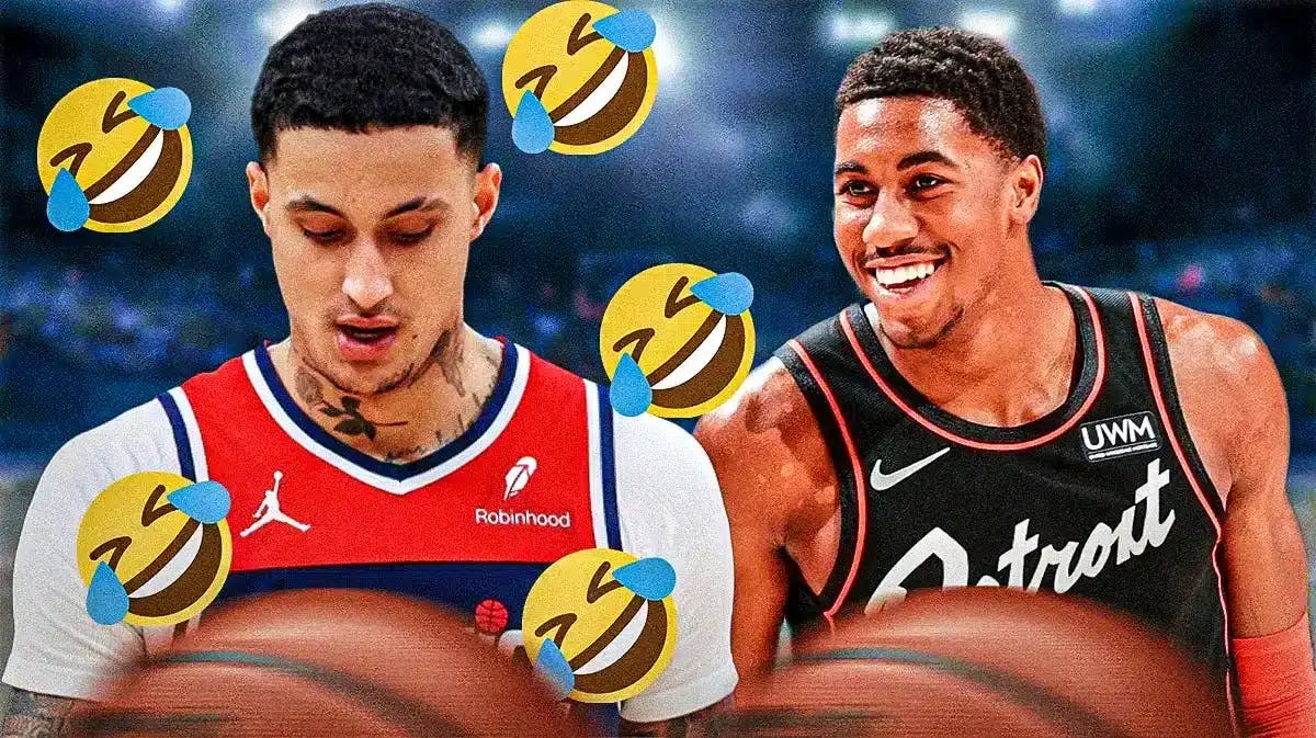 Wizards' Kyle Kuzma looking sad, with rofl emojis all over him and Pistons' Jaden Ivey laughing at him