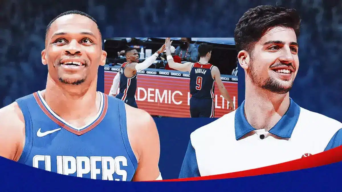 Clippers' Russell Westbrook and Wizards' Deni Avdija smiling, with picture of them together in the middle