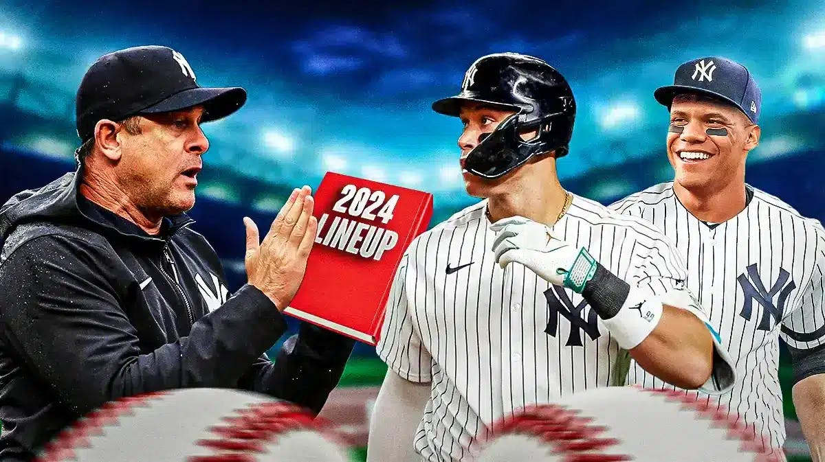 Yankees' Aaron Boone handing a piece of paper to Yankees' Aaron Judge, Yankees' Juan Soto. On the paper, write the following: 2024 LINEUP
