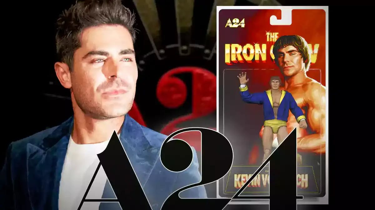 Zac Efron next to The Iron Claw Kevin Von Erich action figure and A24 logo.