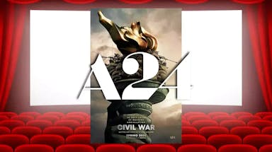 Civil War poster on IMAX movie theater screen and A24 logo.