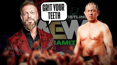 Adam Copeland with a text bubble reading “grit your teeth” next to Minoru Suzuki with the AEW Dynamite logo as the background.