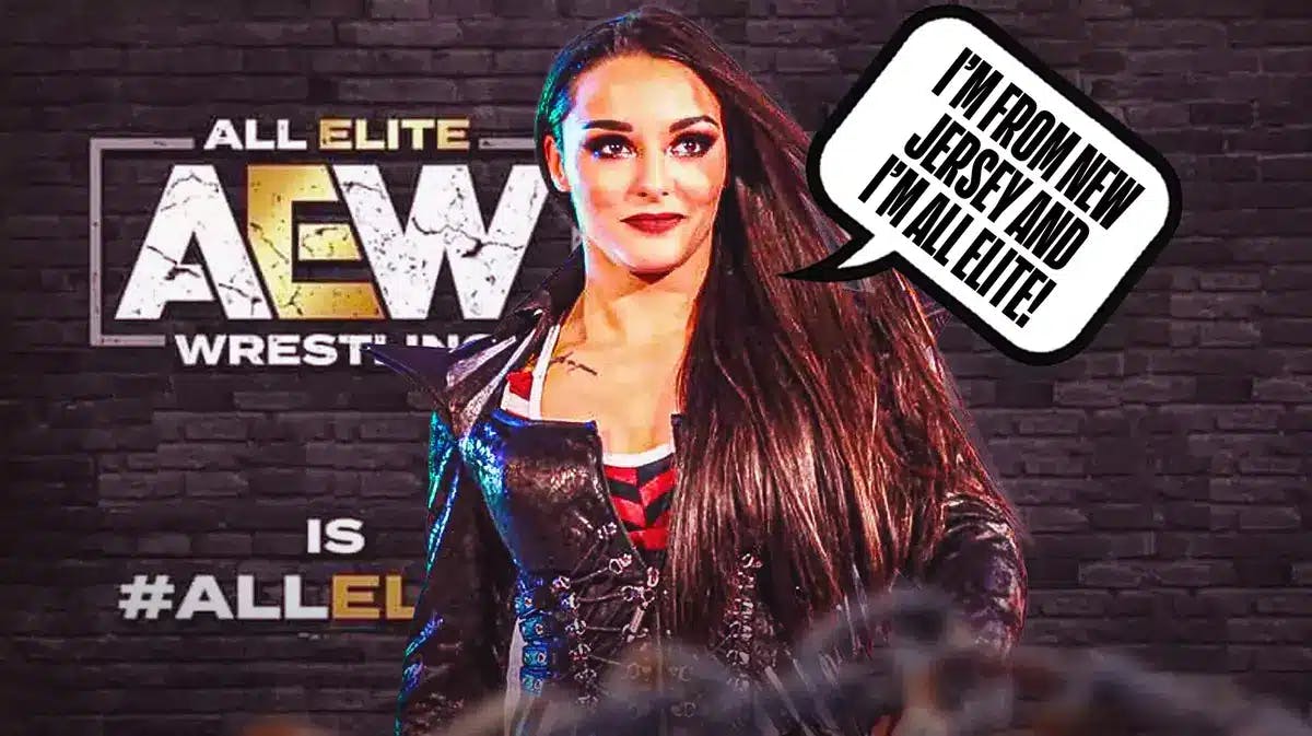 Deonna Purrazzo with a text bubble reading “I’m from New Jersey and I’m All Elite!” in front of the #IsAllElite graphic.