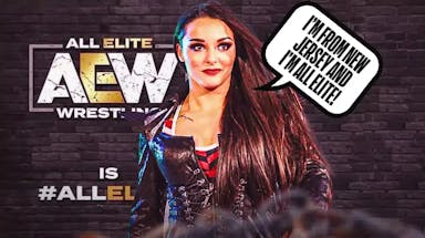Deonna Purrazzo with a text bubble reading “I’m from New Jersey and I’m All Elite!” in front of the #IsAllElite graphic.