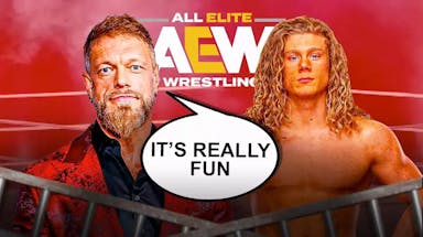 Adam Copeland with a text bubble reading “It’s really fun” next to Griff Garrison with the AEW logo as the background.