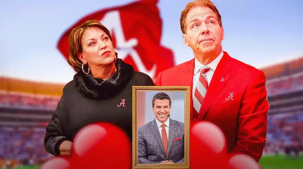 Photo: Nick Saban and Miss Terry in Alabama gear with Rece Davis in frame, Alabama fans behind them