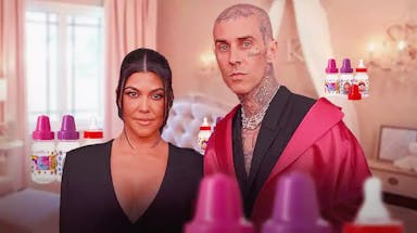 Kourtney Kardashian and Travis Barker with baby bottles