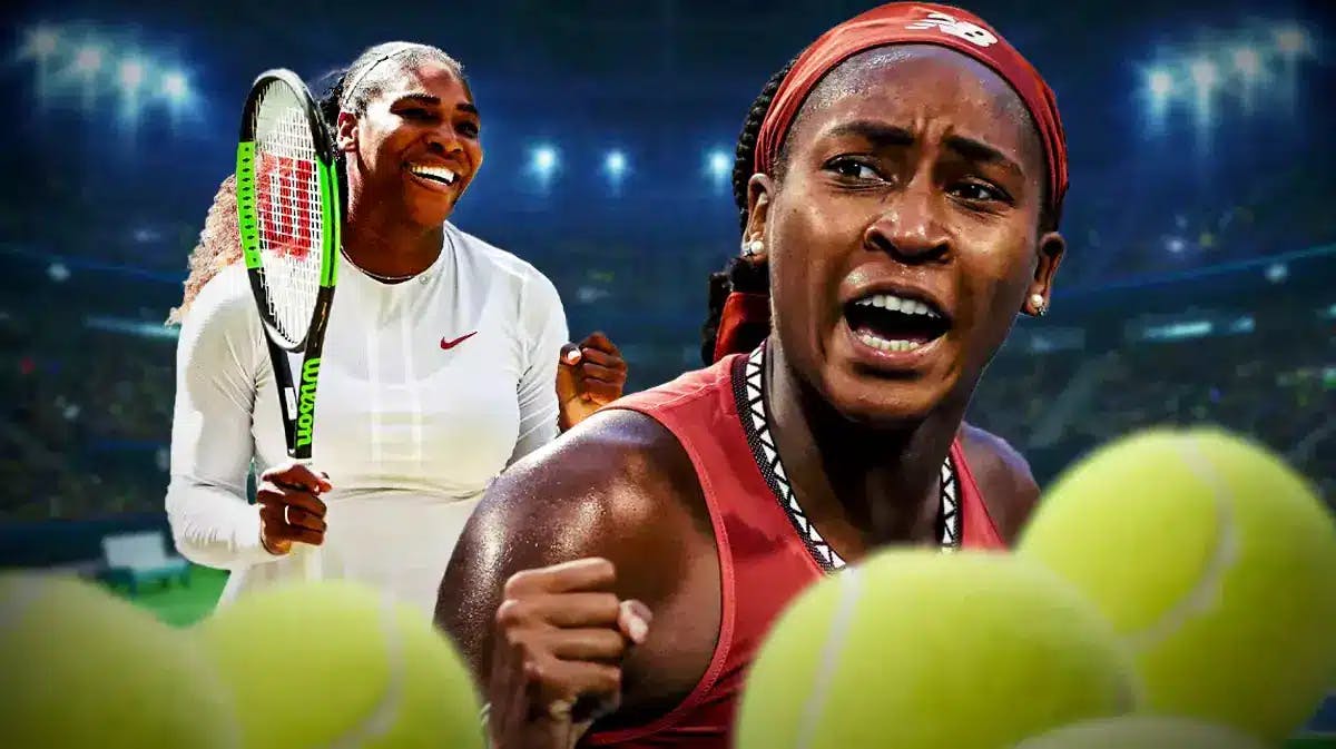 Women’s tennis player Coco Gauff in the foreground, with Serena Williams in the background