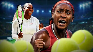Women’s tennis player Coco Gauff in the foreground, with Serena Williams in the background