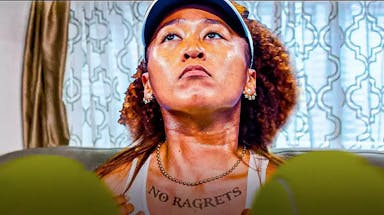 Women’s tennis player Naomi Osaka, photoshopped onto the No Ragrets meme with tennis balls along the bottom border of the thumb