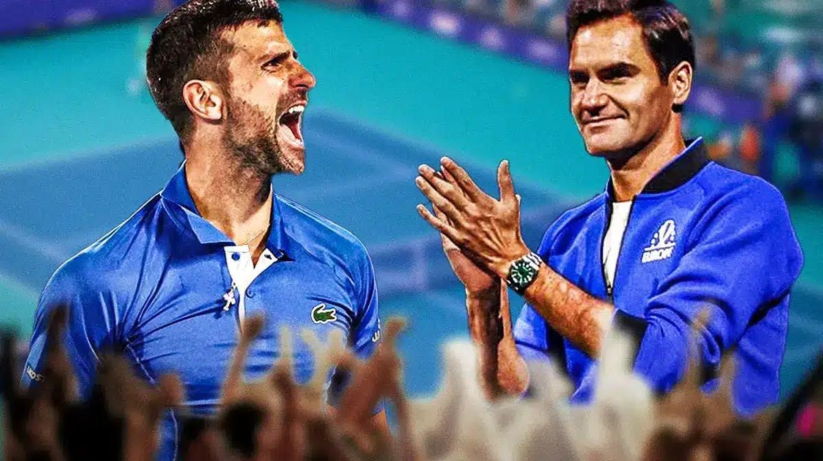 Novak Djokovic celebrating and Roger Federer clapping