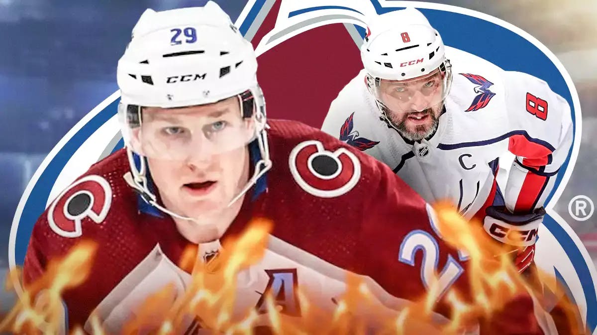 Nathan MacKinnon in middle of image with fire around him, Alex Ovechkin looking on sternly, COL Avalanche logo, hockey rink in background