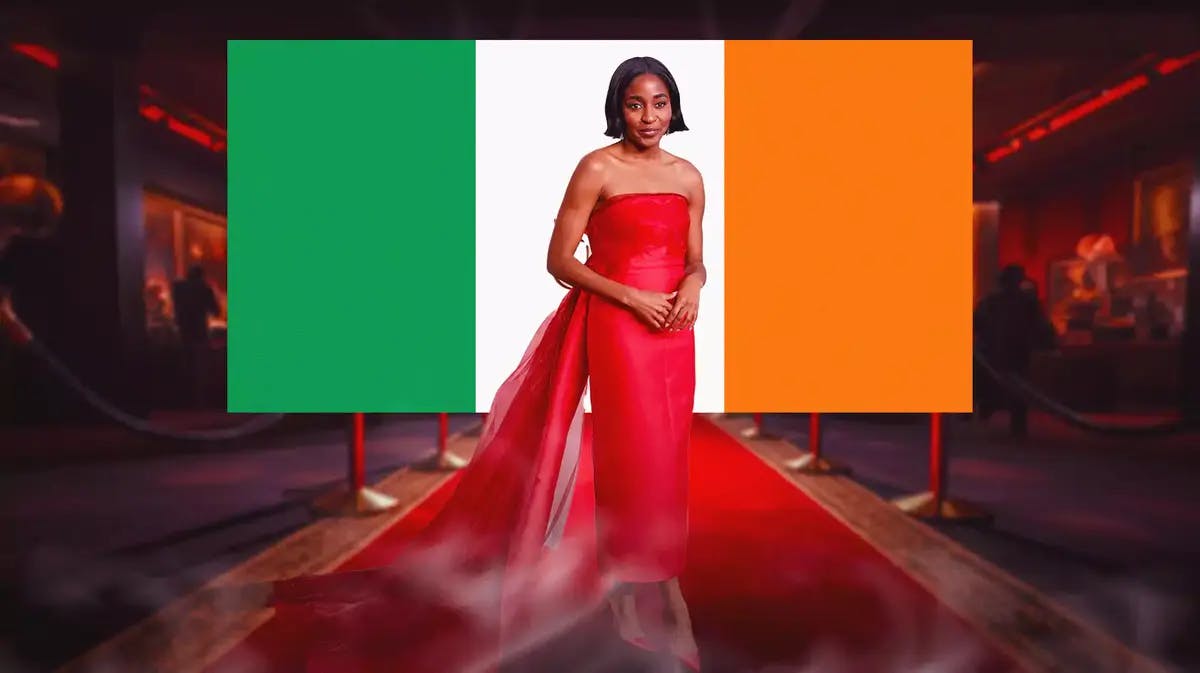 Ayo Edebiri and the flag of the Republic of Ireland.