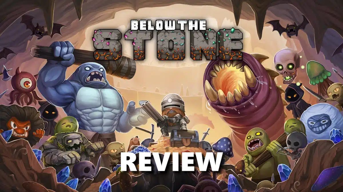 below the stone review, below the stone gameplay, below the stone story, below the stone score, below the stone, key art for Below The Stone with the word review at the bottom of the thumbnail