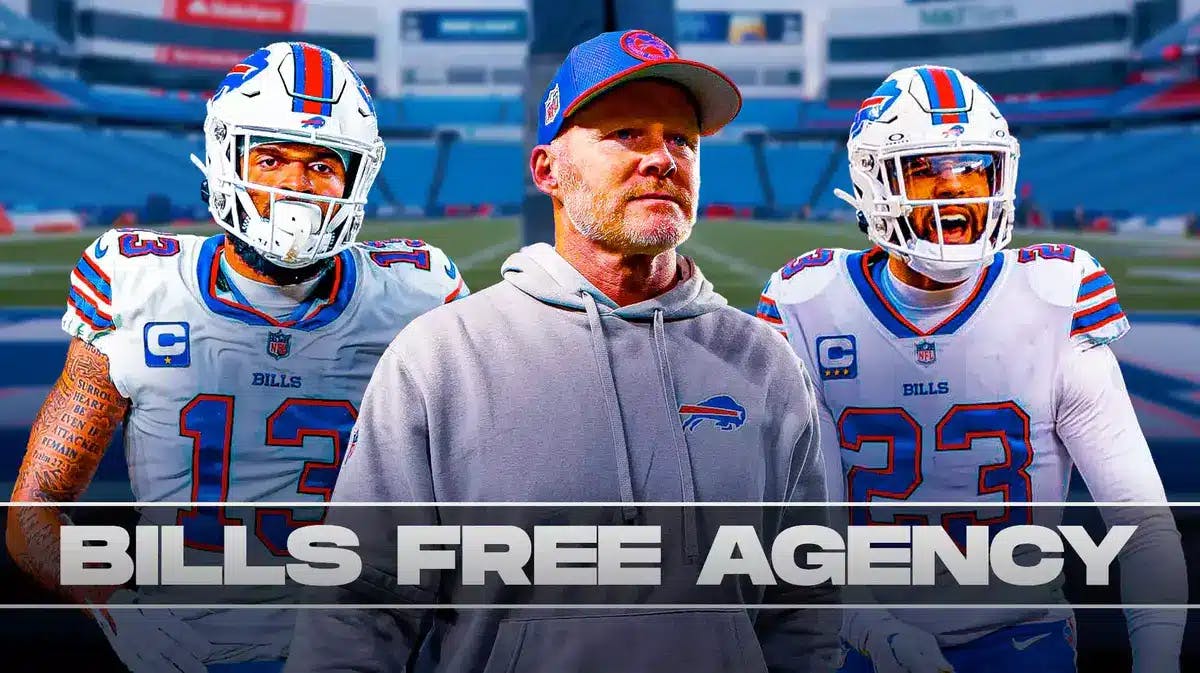 Buffalo Bills head coach Sean McDermott in middle of image, with Bills' WR Gave Davis on right of image and S Micah Hyde on left of image. Please add text graphic “Bills Free Agency” at bottom of image.
