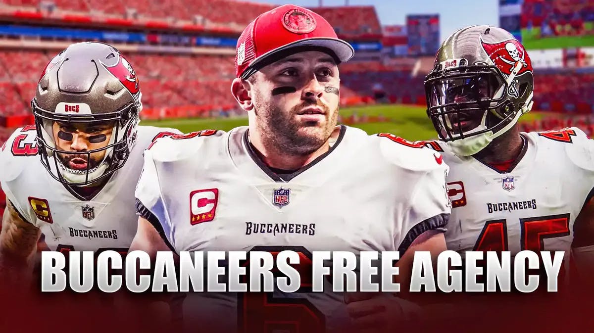 Tampa Bay Buccaneers' Baker Mayfield (middle of image), Mike Evans (left of image), and Devin White (right of image). Please add text graphic “Buccaneers Free Agency” at bottom of image.