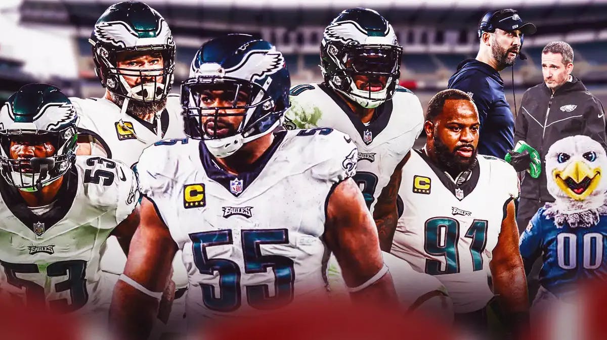 Fletcher Cox, Jason Kelce, Brandon Graham, D’Andre Swift, Shaquille Leonard with Nick Sirianni and Howie Roseman and Eagles mascot as Philly tries to figure out who they should re-sign in 2024 NFL free agency