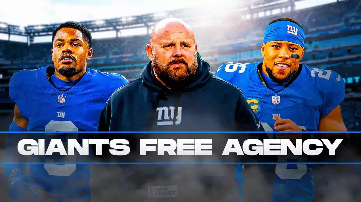 New York Giants head coach Brian Daboll in middle of image, with RB Saquon Barkley on right of image and WR Sterling Shepard on left of image, and text graphic at bottom of screen that reads “Giants Free Agency”