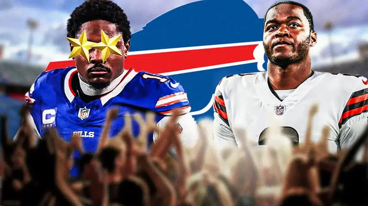 Bills Stefon Diggs with stars in his eyes next to Browns Amari Cooper in front of a Bills logo.