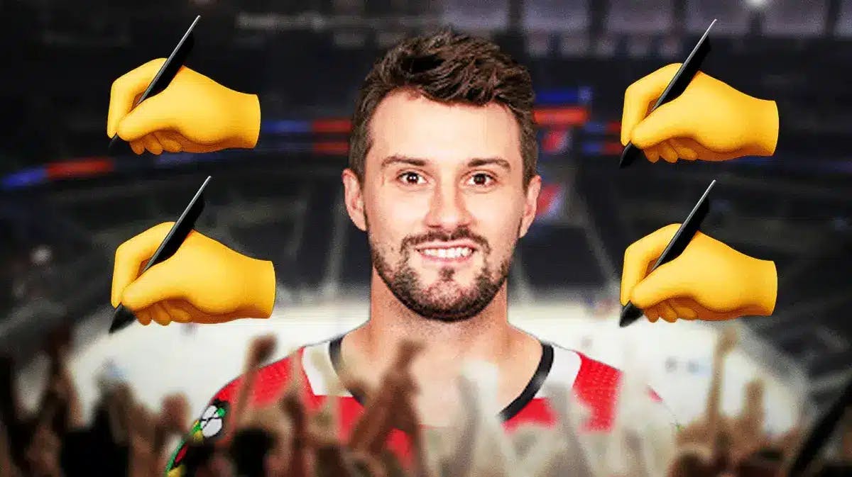 Pert Mrazek with ✍️ emoji surrounding him (Chicago Blackhawks)
